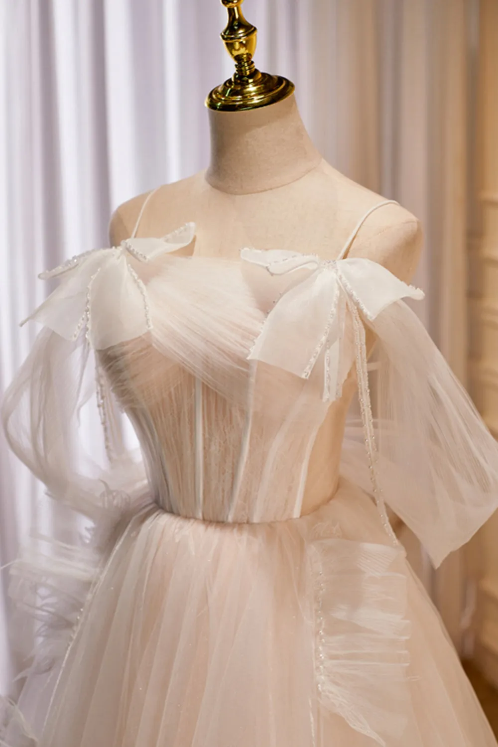 Champagne Tulle Long A-Line Prom Dress, Cute Evening Dress with Bow