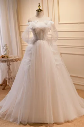 Champagne Tulle Long A-Line Prom Dress, Cute Evening Dress with Bow