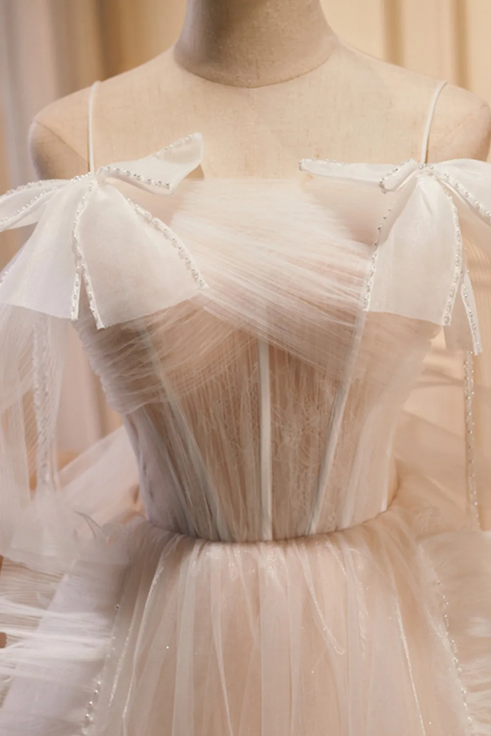 Champagne Tulle Long A-Line Prom Dress, Cute Evening Dress with Bow