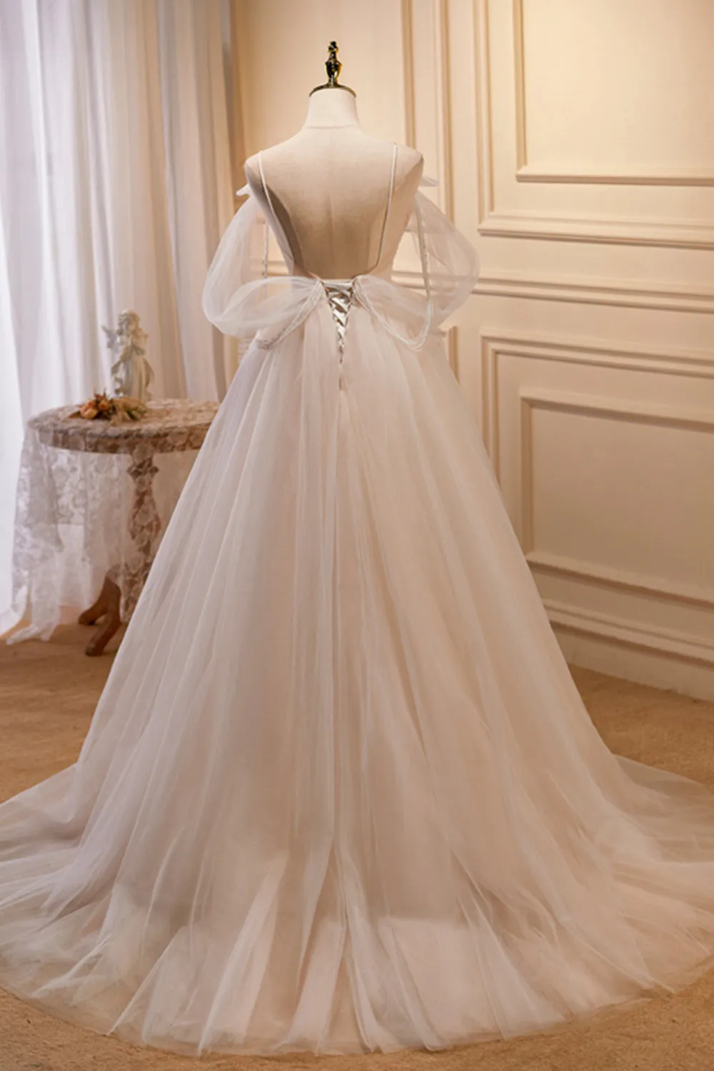 Champagne Tulle Long A-Line Prom Dress, Cute Evening Dress with Bow
