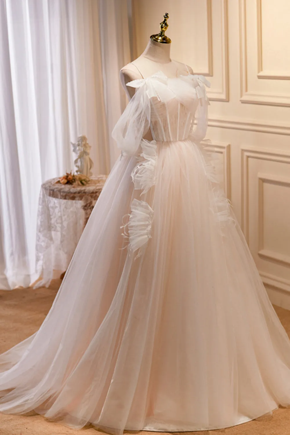 Champagne Tulle Long A-Line Prom Dress, Cute Evening Dress with Bow