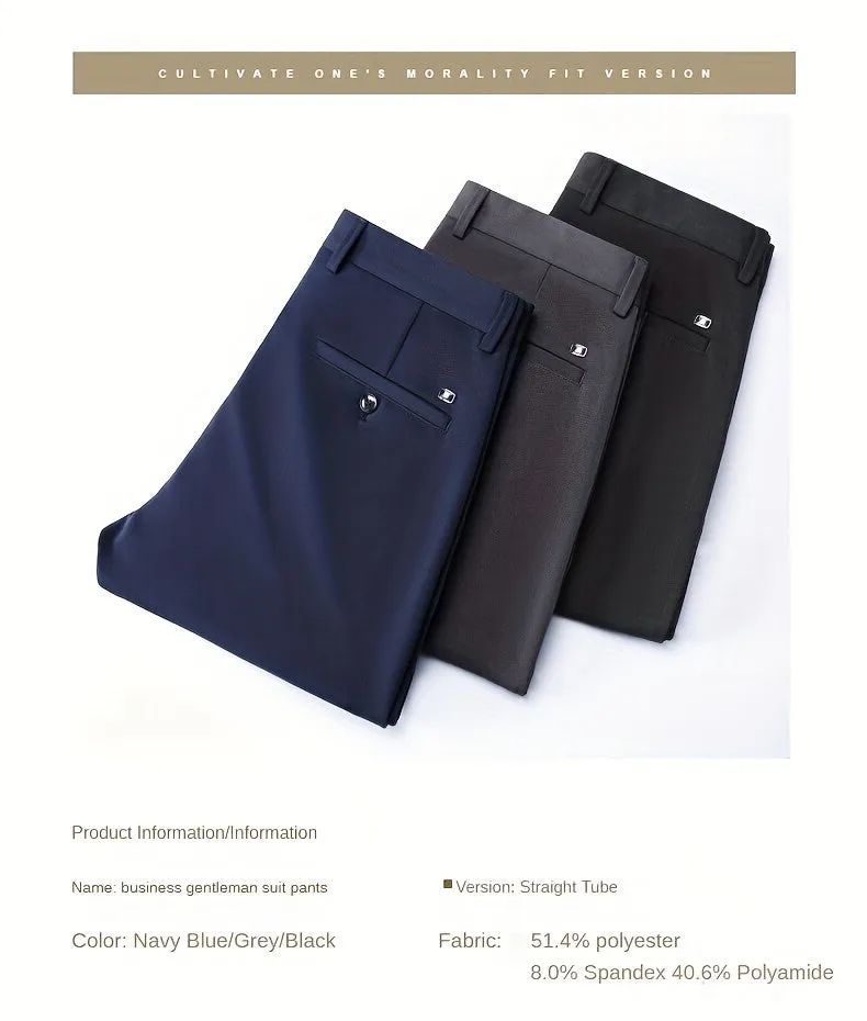 Classic Solid Color Slightly Stretch Dress Pants - Men's Formal Business Pants For Spring And Fall