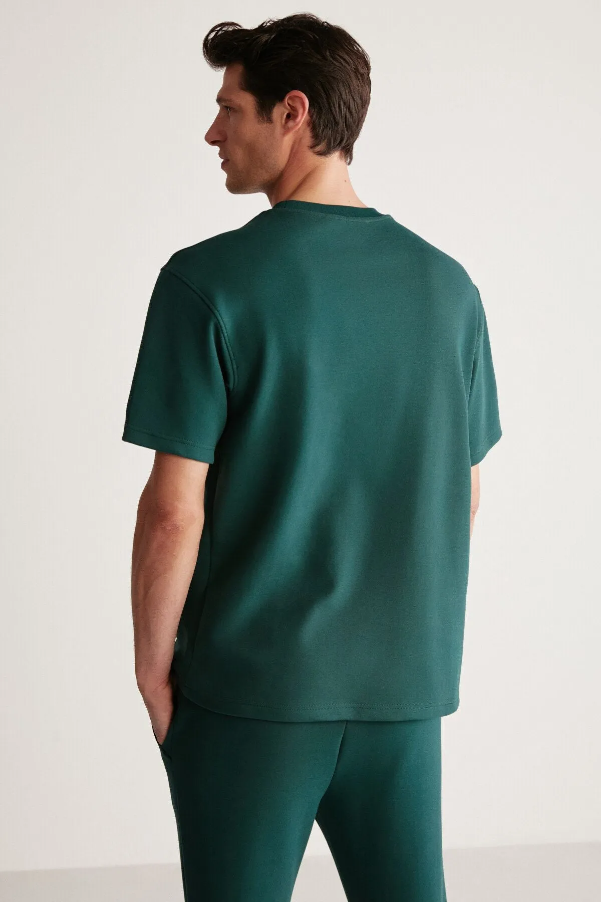 Cody Men's Regular Fit Special Textured Thick Fabric In front of Embroidery and Printed Organic Cotton Green T-shirt
