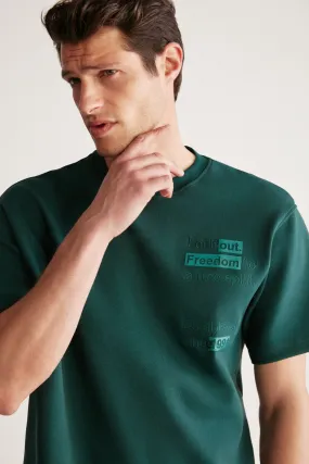 Cody Men's Regular Fit Special Textured Thick Fabric In front of Embroidery and Printed Organic Cotton Green T-shirt