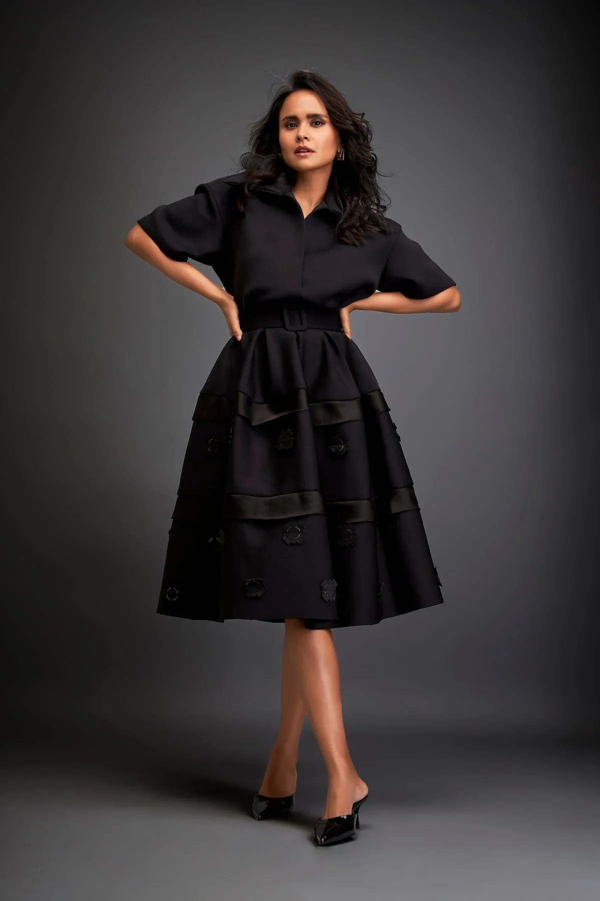 Collared Midi Co-ord Set With Belted Waist And Layered Floral Skirt