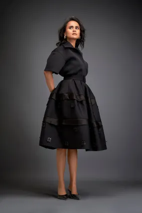 Collared Midi Co-ord Set With Belted Waist And Layered Floral Skirt