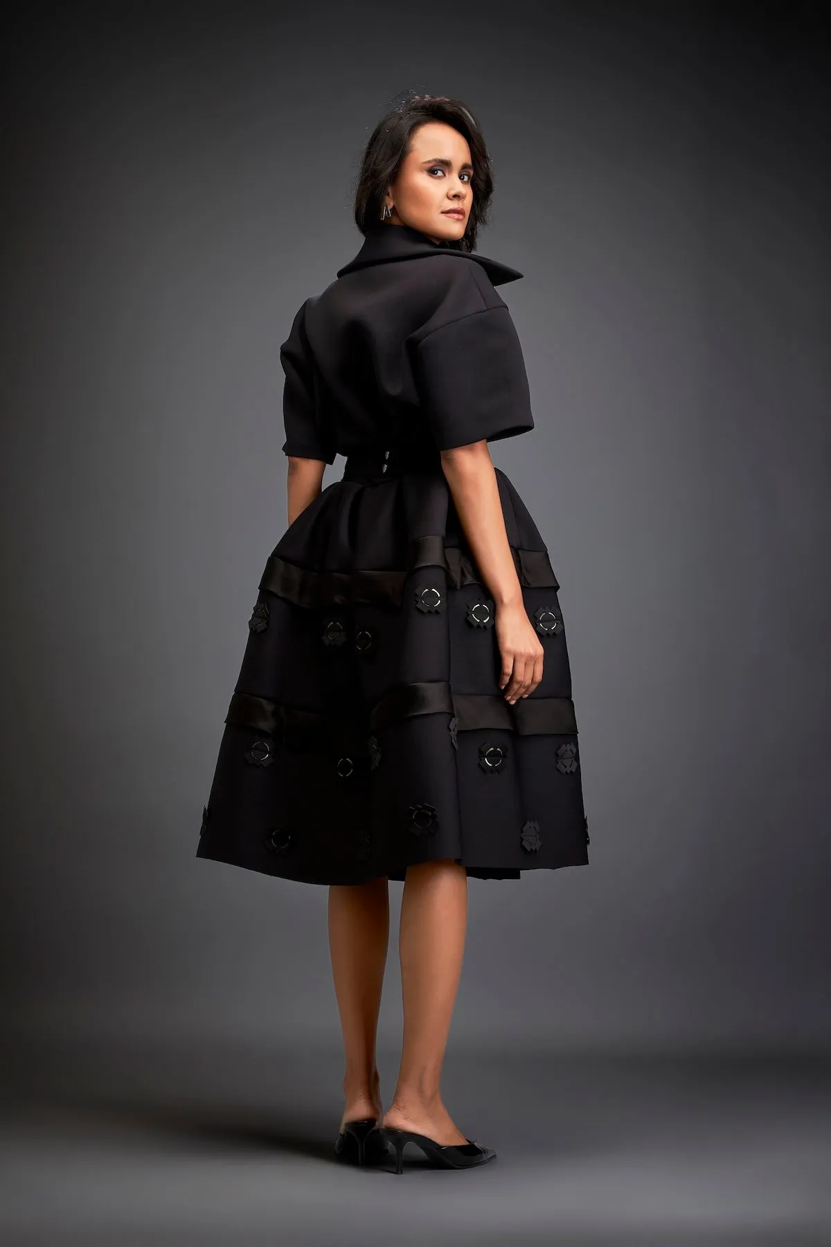 Collared Midi Co-ord Set With Belted Waist And Layered Floral Skirt
