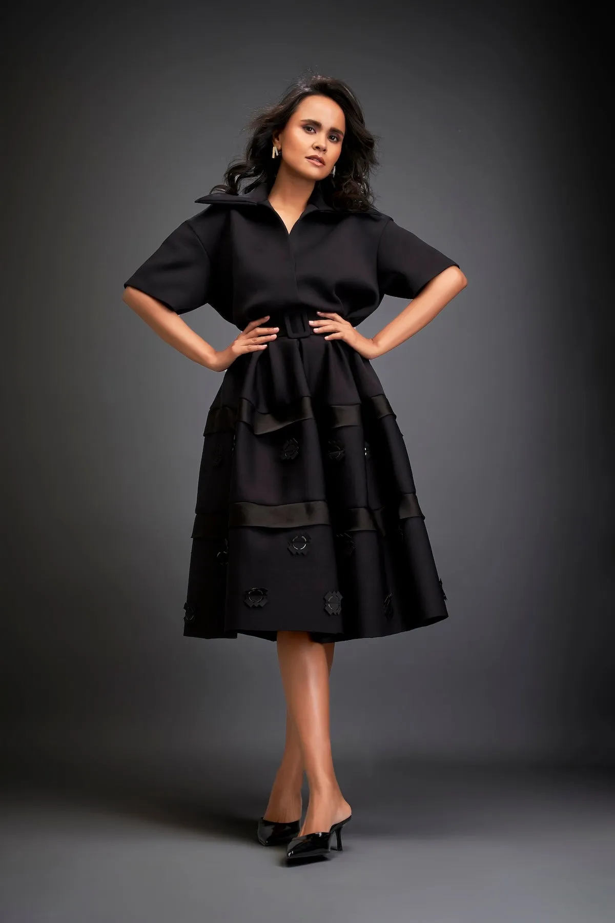 Collared Midi Co-ord Set With Belted Waist And Layered Floral Skirt