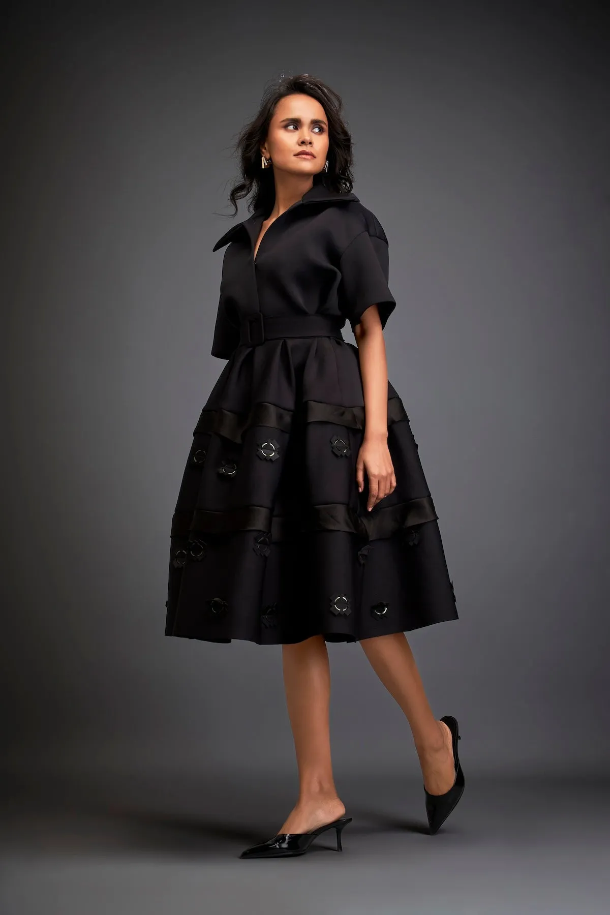 Collared Midi Co-ord Set With Belted Waist And Layered Floral Skirt