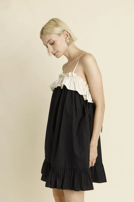 Color Block Ruffle Mini Dress - Black