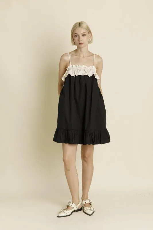 Color Block Ruffle Mini Dress - Black