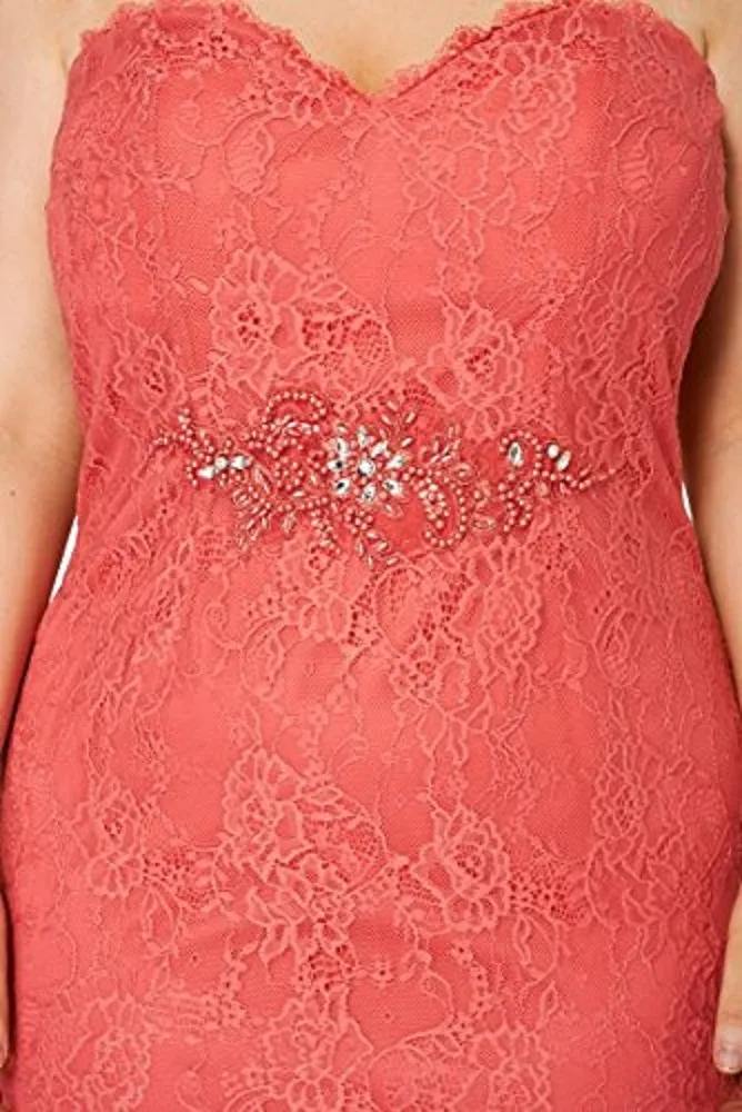 Coral Beaded Lace Strapless Evening Dress