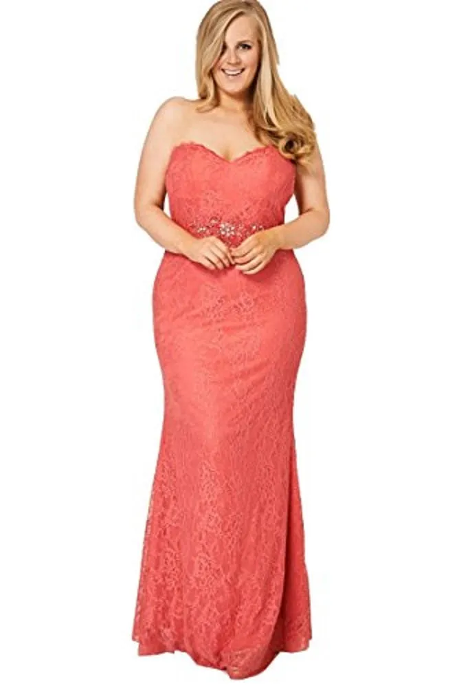 Coral Beaded Lace Strapless Evening Dress