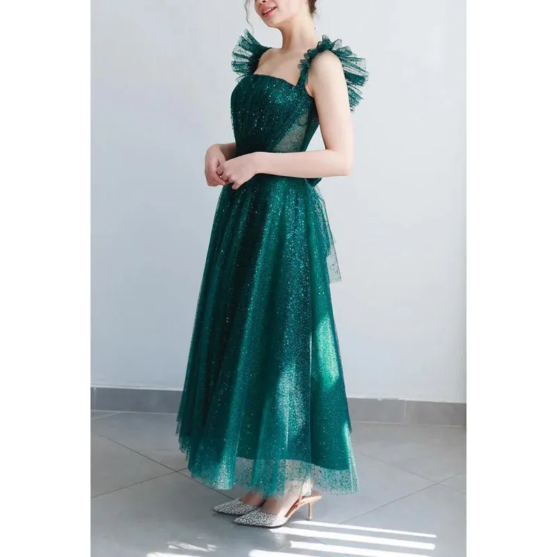 Couture & Ornate A-Line Sparkly Straps Square Evening Party Prom Dress