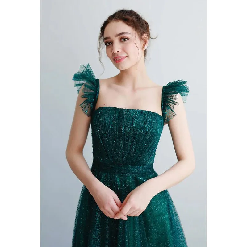 Couture & Ornate A-Line Sparkly Straps Square Evening Party Prom Dress