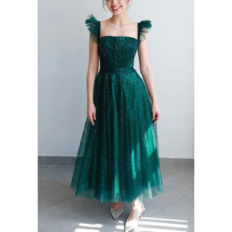 Couture & Ornate A-Line Sparkly Straps Square Evening Party Prom Dress