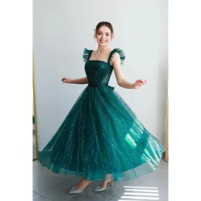 Couture & Ornate A-Line Sparkly Straps Square Evening Party Prom Dress