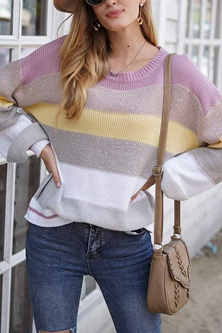 Crewneck Striped Color Block Oversized Knitted Sweater