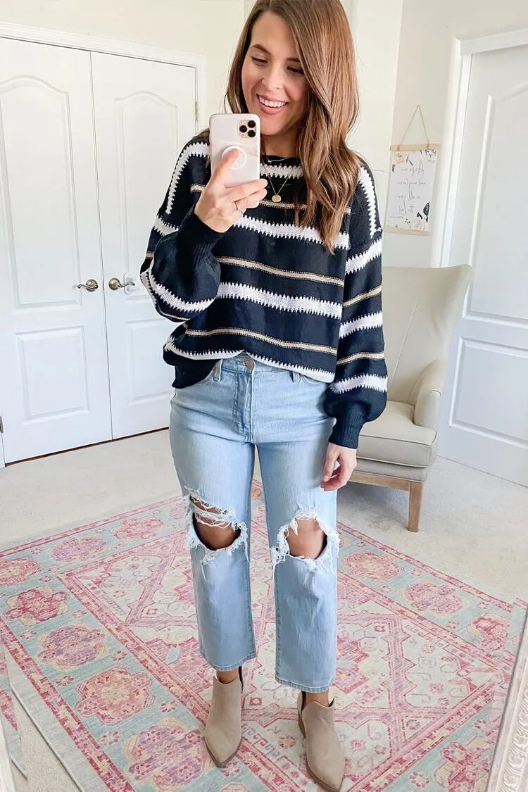 Crewneck Striped Color Block Oversized Knitted Sweater