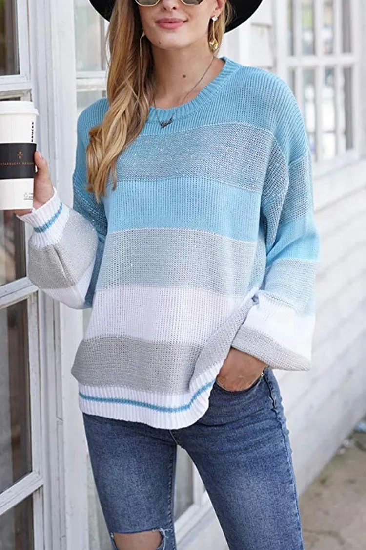 Crewneck Striped Color Block Oversized Knitted Sweater