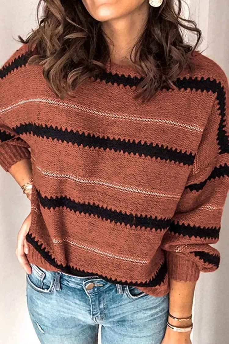 Crewneck Striped Color Block Oversized Knitted Sweater