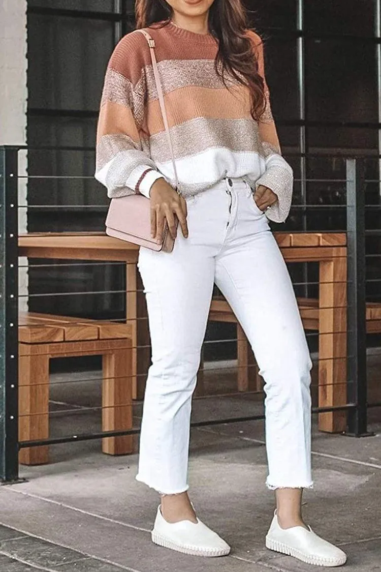 Crewneck Striped Color Block Oversized Knitted Sweater