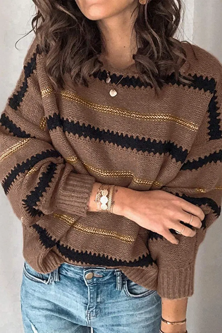 Crewneck Striped Color Block Oversized Knitted Sweater