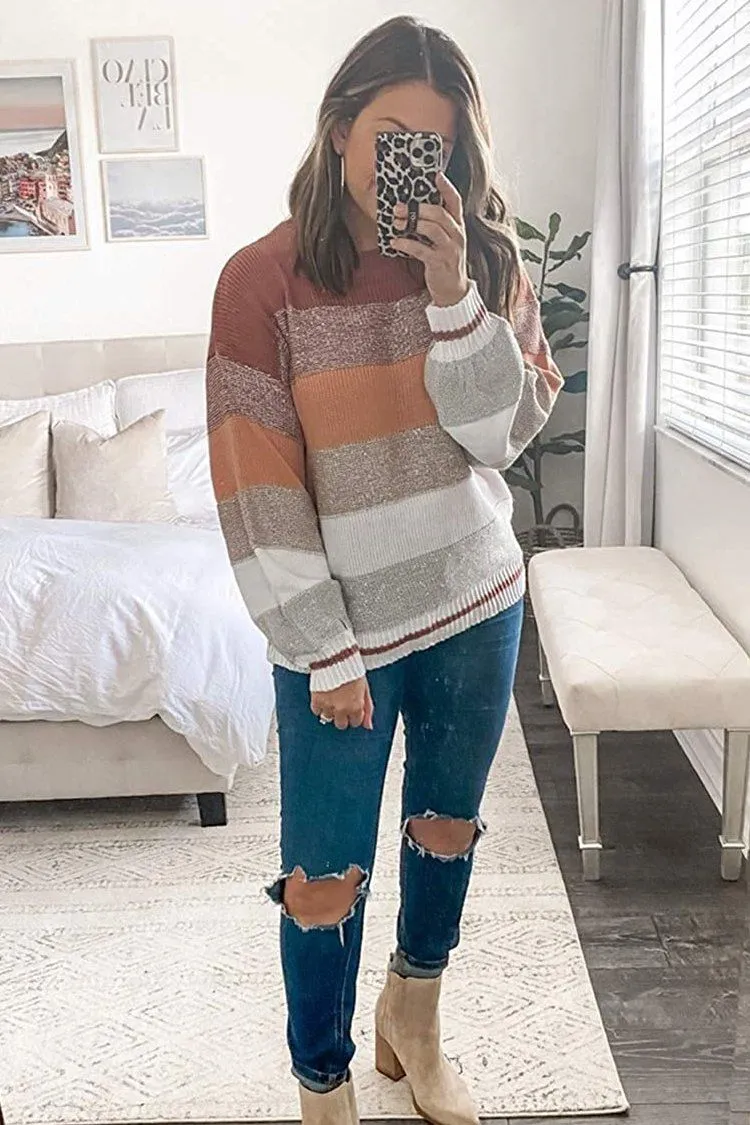 Crewneck Striped Color Block Oversized Knitted Sweater