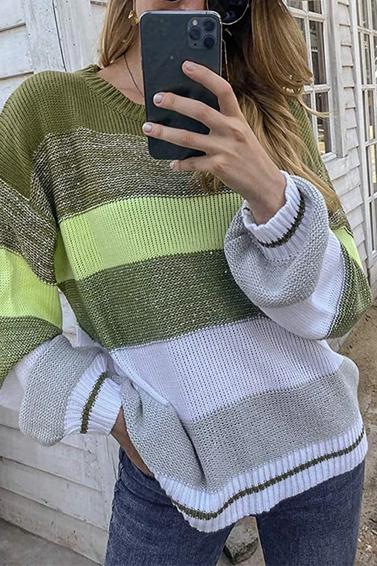 Crewneck Striped Color Block Oversized Knitted Sweater