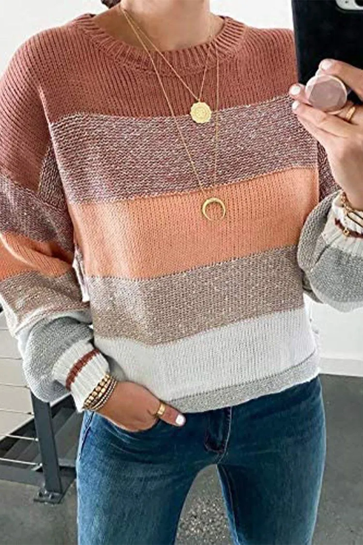 Crewneck Striped Color Block Oversized Knitted Sweater