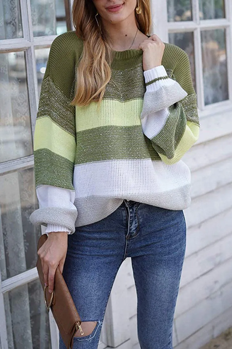 Crewneck Striped Color Block Oversized Knitted Sweater