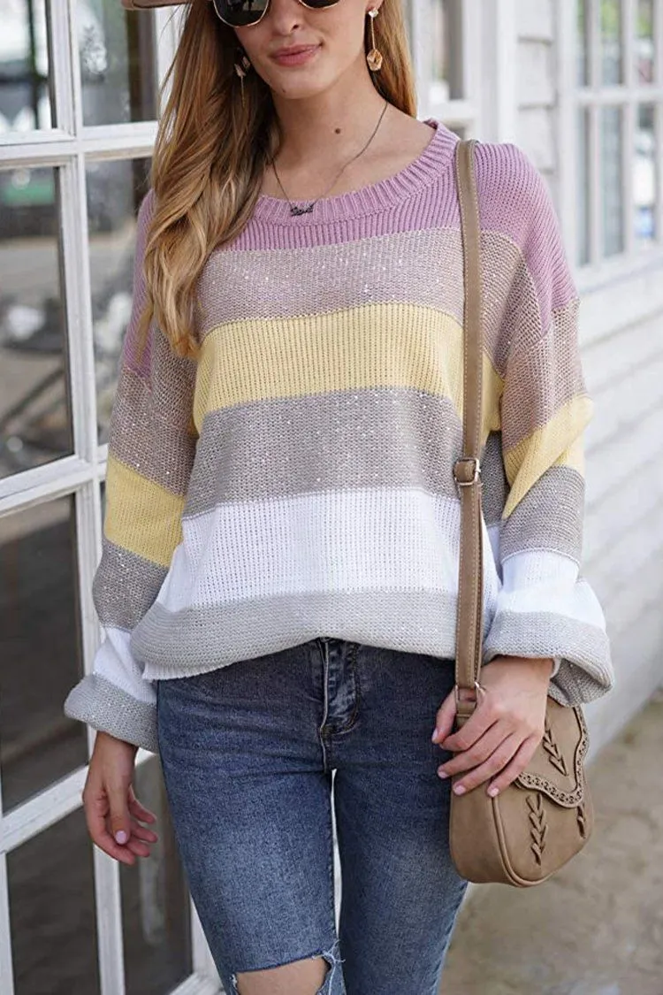 Crewneck Striped Color Block Oversized Knitted Sweater