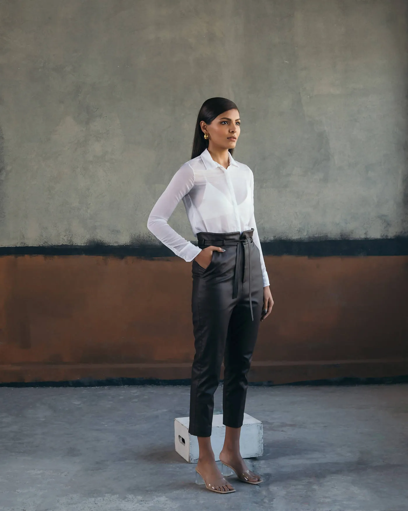 Cropped Artificial Leather Pants in Brown