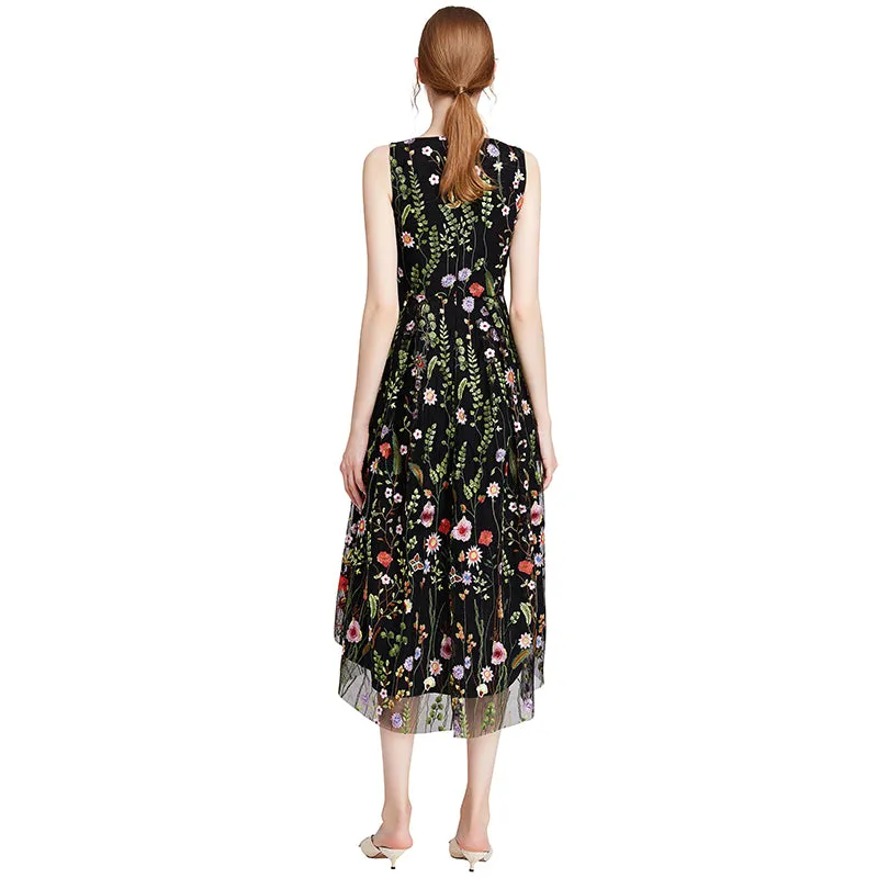 D006 Women all-over floral embroidered tulle sleeveless asymmetric hem midi party dress