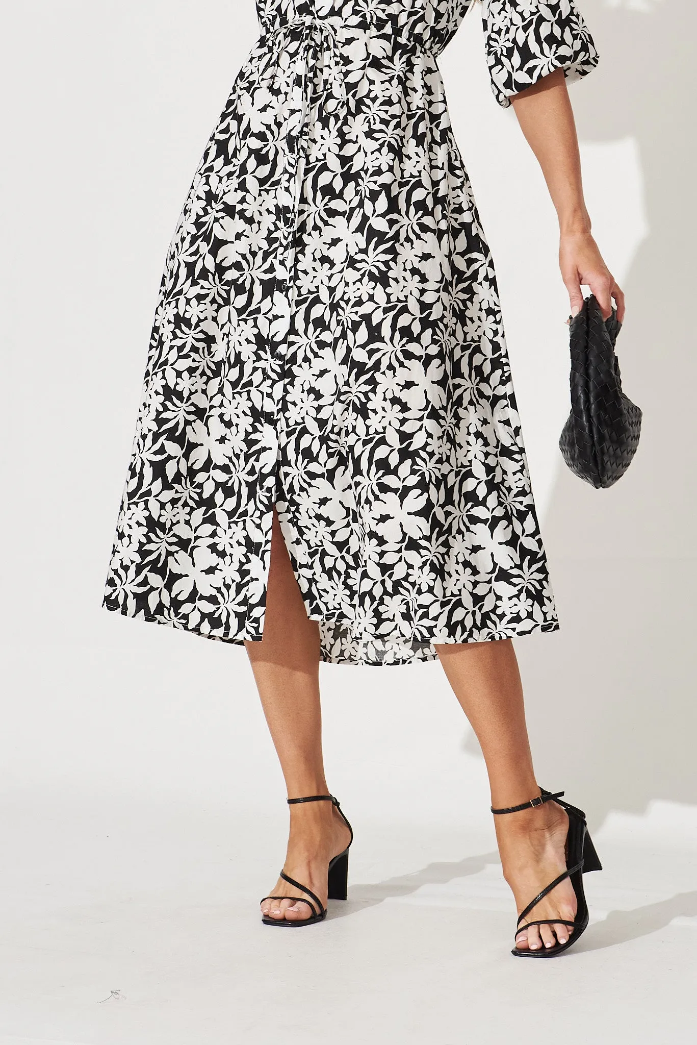 Davina Midi Shirt Dress In Black With White Floral Print Cotton