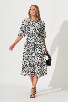 Davina Midi Shirt Dress In Black With White Floral Print Cotton
