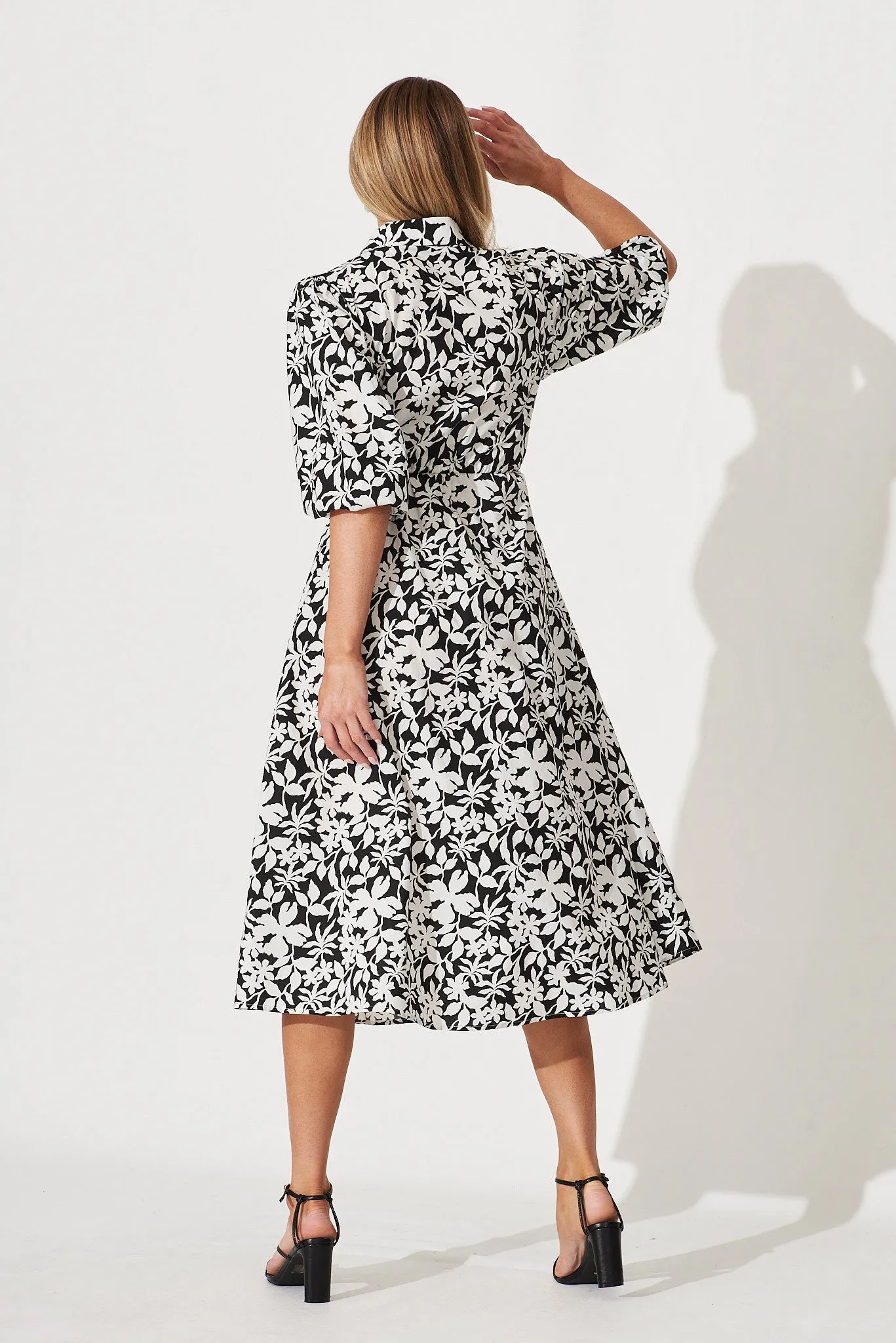 Davina Midi Shirt Dress In Black With White Floral Print Cotton