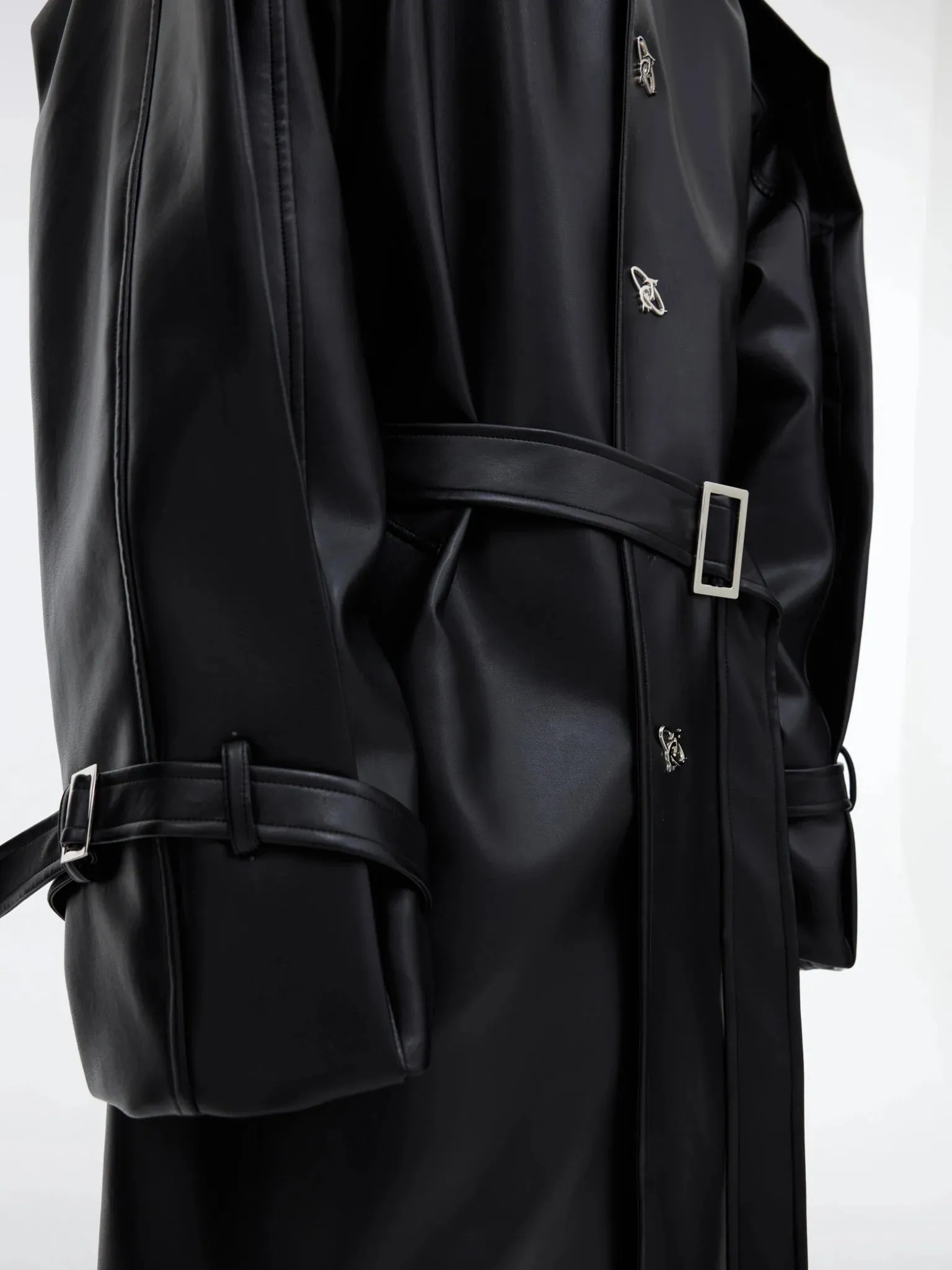 Double-Layered Faux Leather Coat with Metallic Buttons | Over-Knee Trench Coat