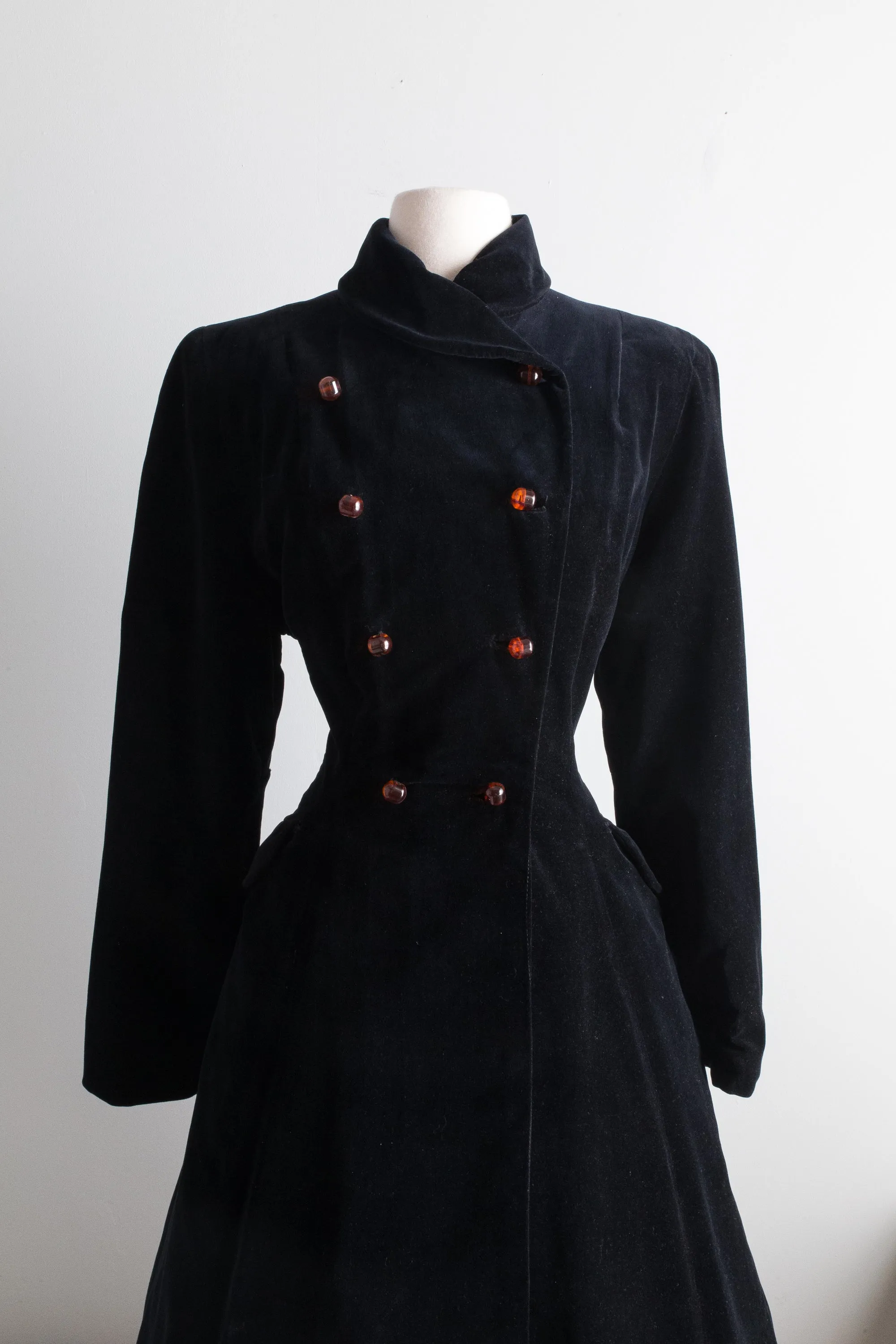 Dramatic 1950's New Look Black Velvet Princess Coat With Caramel Buttons / Medium