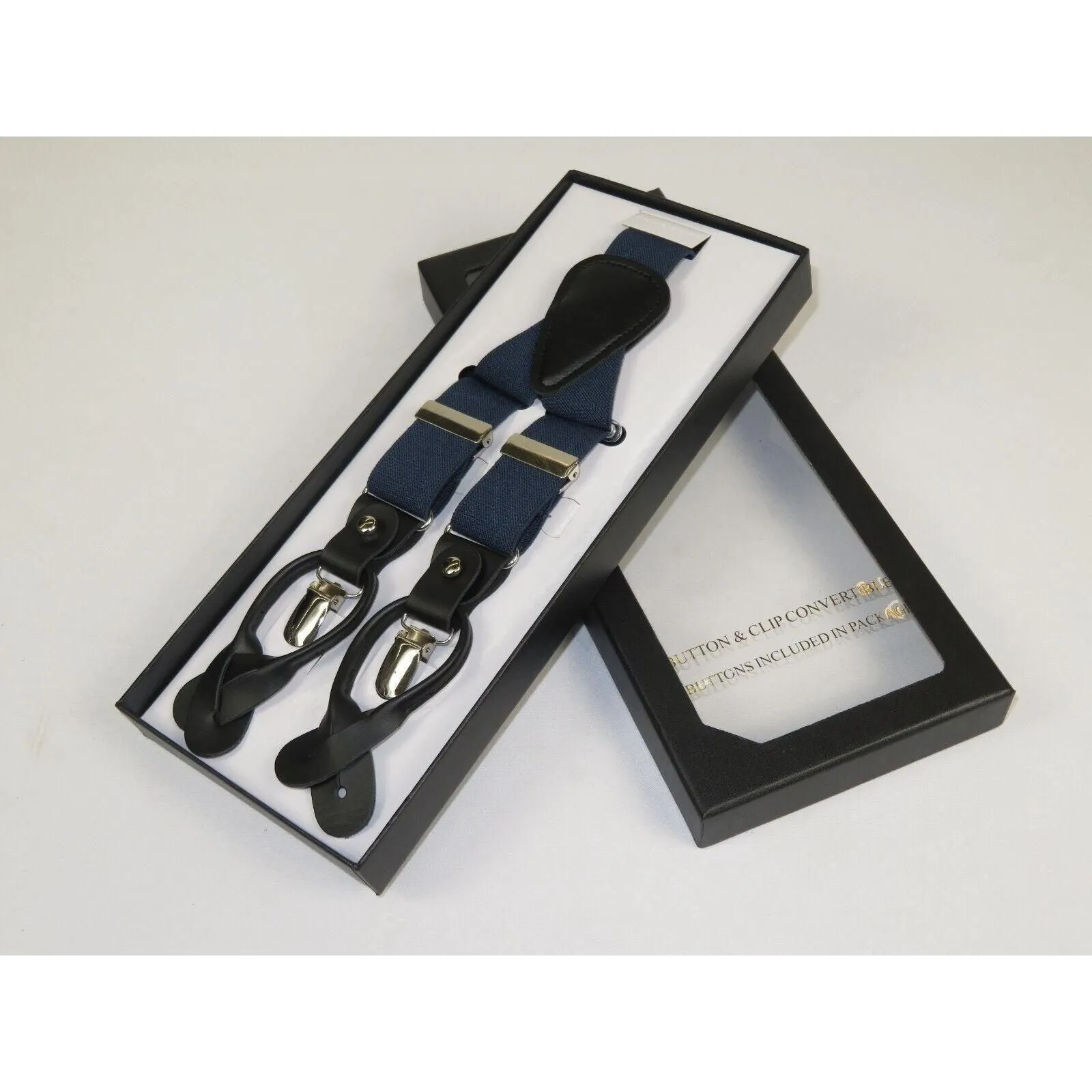 ELEGANT Suspenders Clip on and Button Option for Slacks or Suit Pants Navy Blue