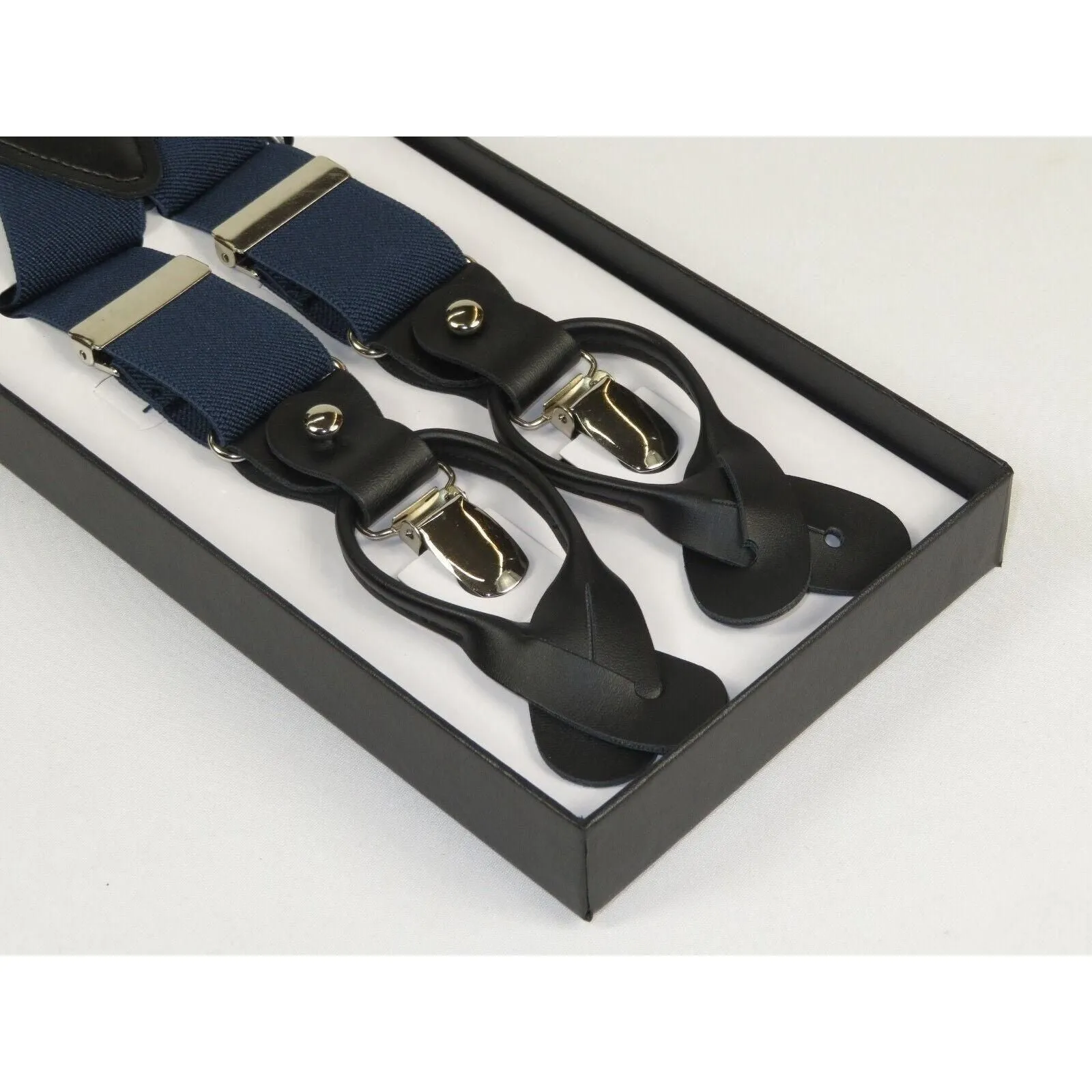 ELEGANT Suspenders Clip on and Button Option for Slacks or Suit Pants Navy Blue