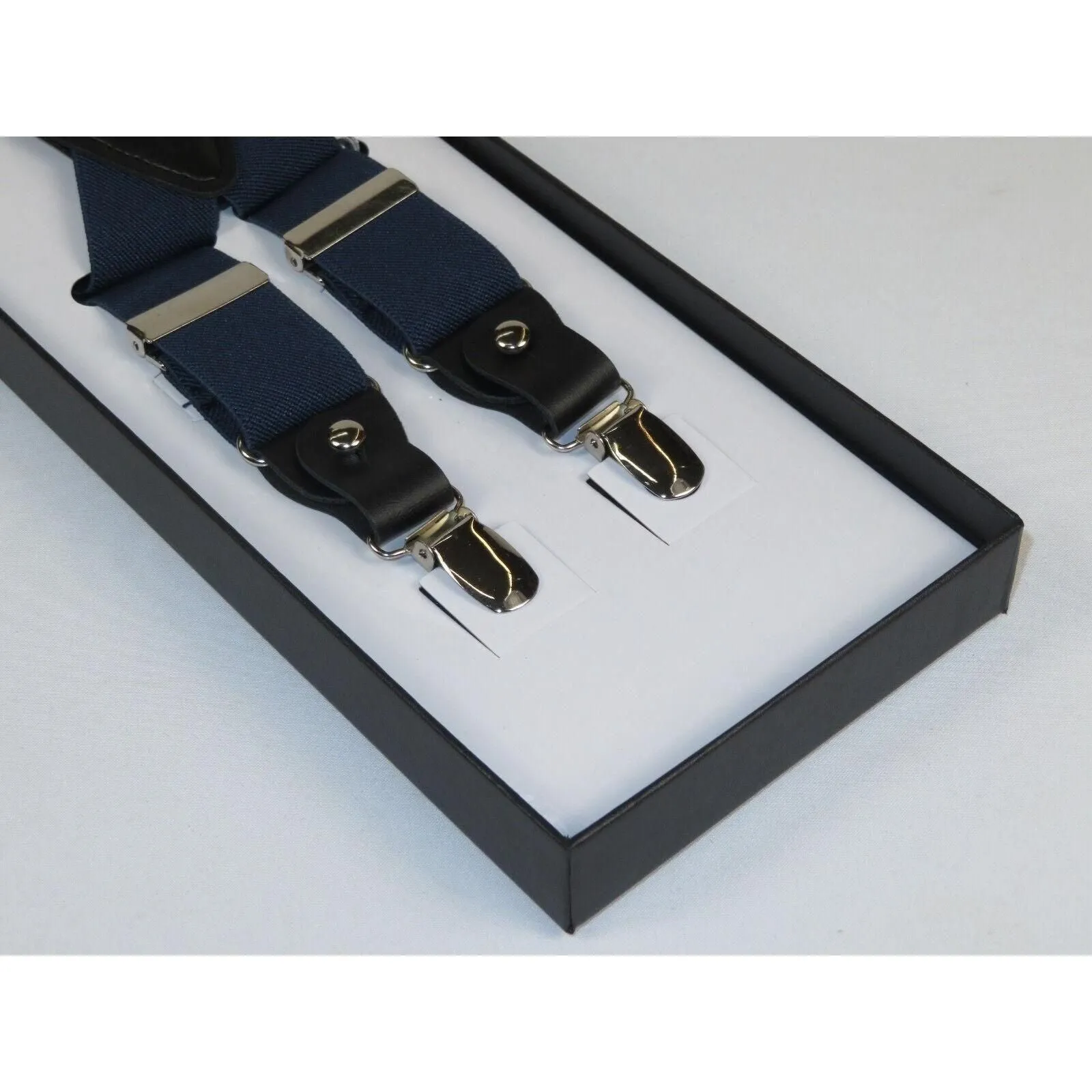 ELEGANT Suspenders Clip on and Button Option for Slacks or Suit Pants Navy Blue