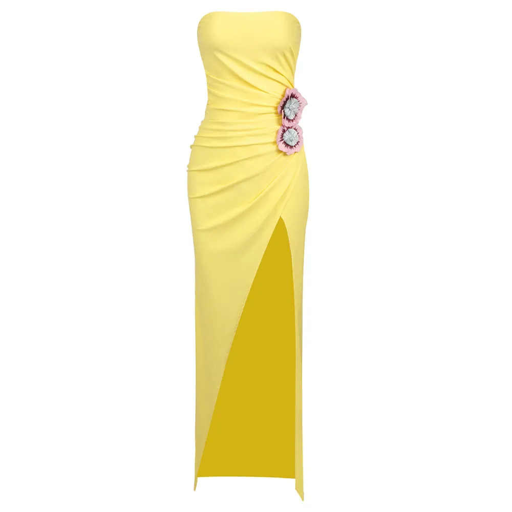 Elegant Yellow Three-Dimensional Embroidery Formal Dress