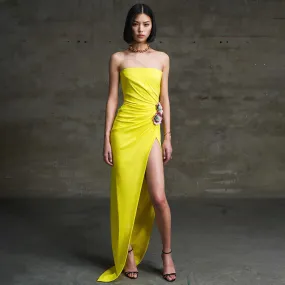 Elegant Yellow Three-Dimensional Embroidery Formal Dress