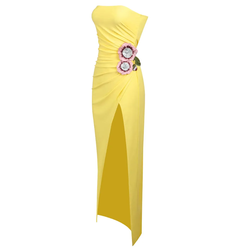 Elegant Yellow Three-Dimensional Embroidery Formal Dress