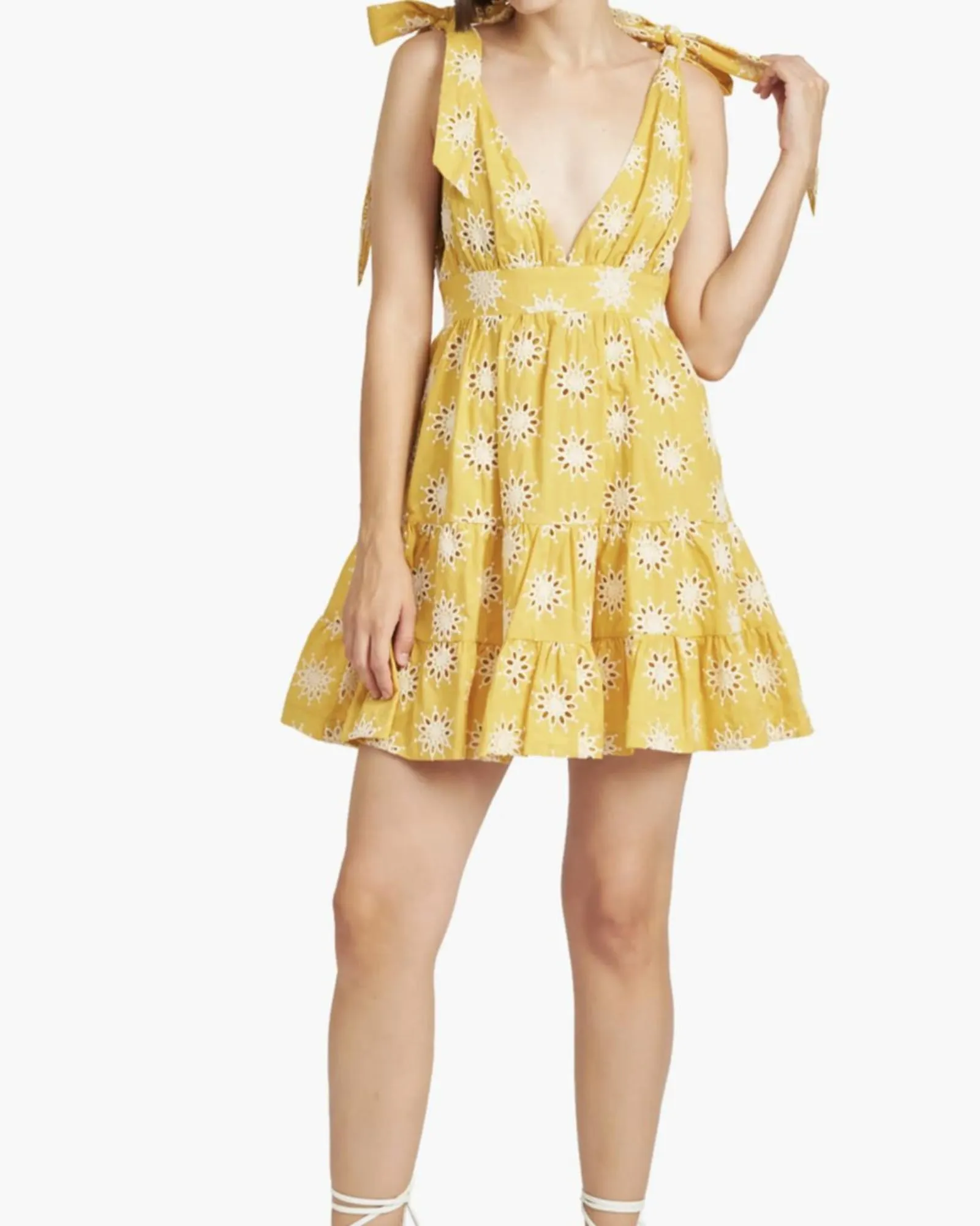 Embroidered Tiered Mini Dress in Yellow | Yellow