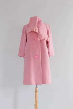 Fabulous 1960's Bubble Gum Pink Spring Coat With Scarf / Medium