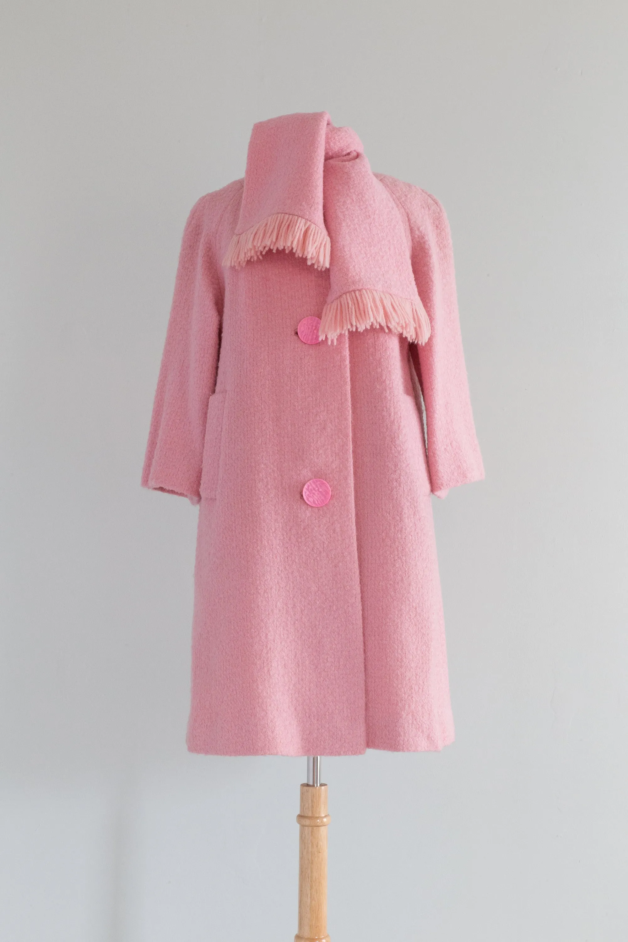 Fabulous 1960's Bubble Gum Pink Spring Coat With Scarf / Medium