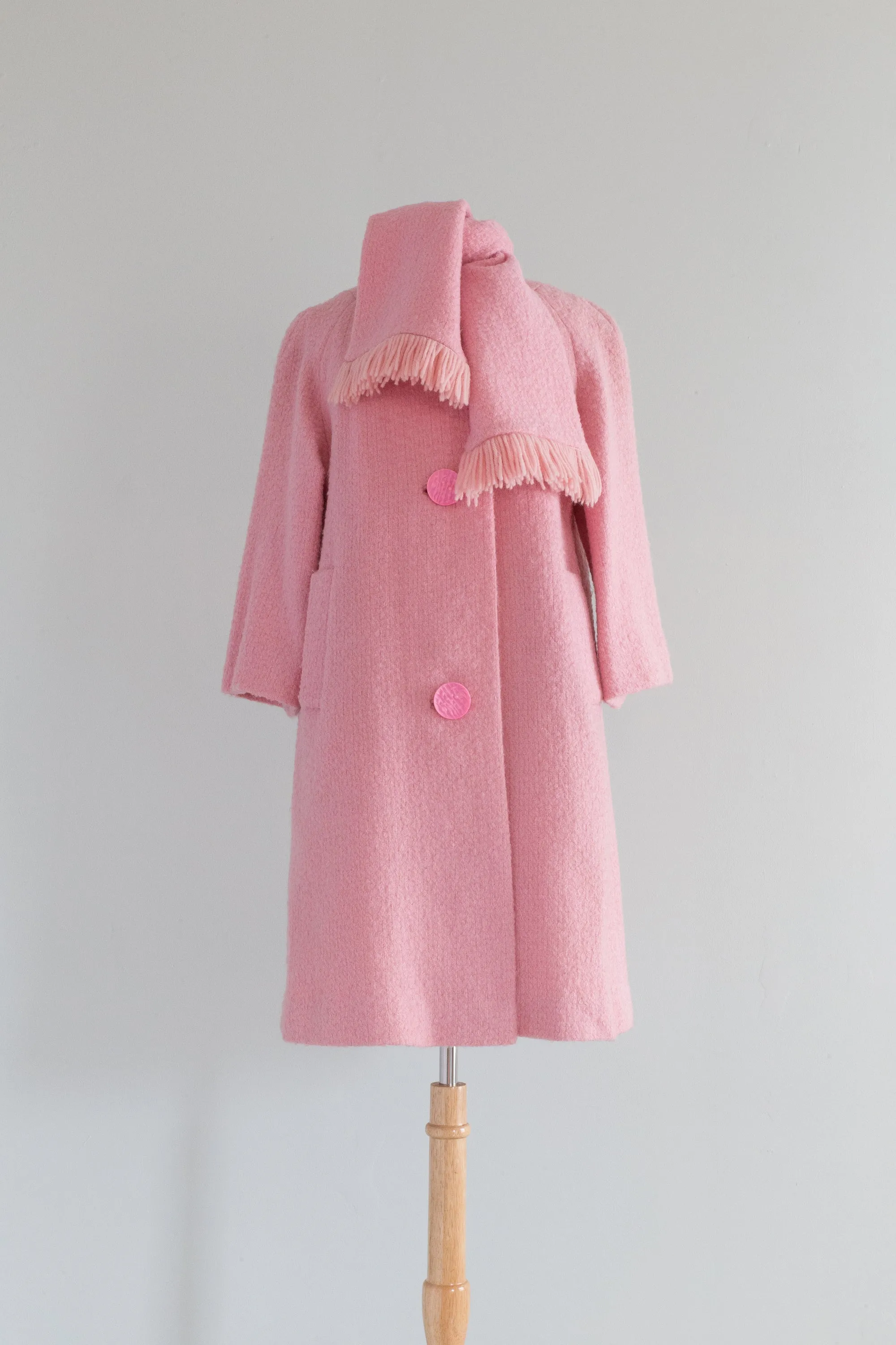 Fabulous 1960's Bubble Gum Pink Spring Coat With Scarf / Medium