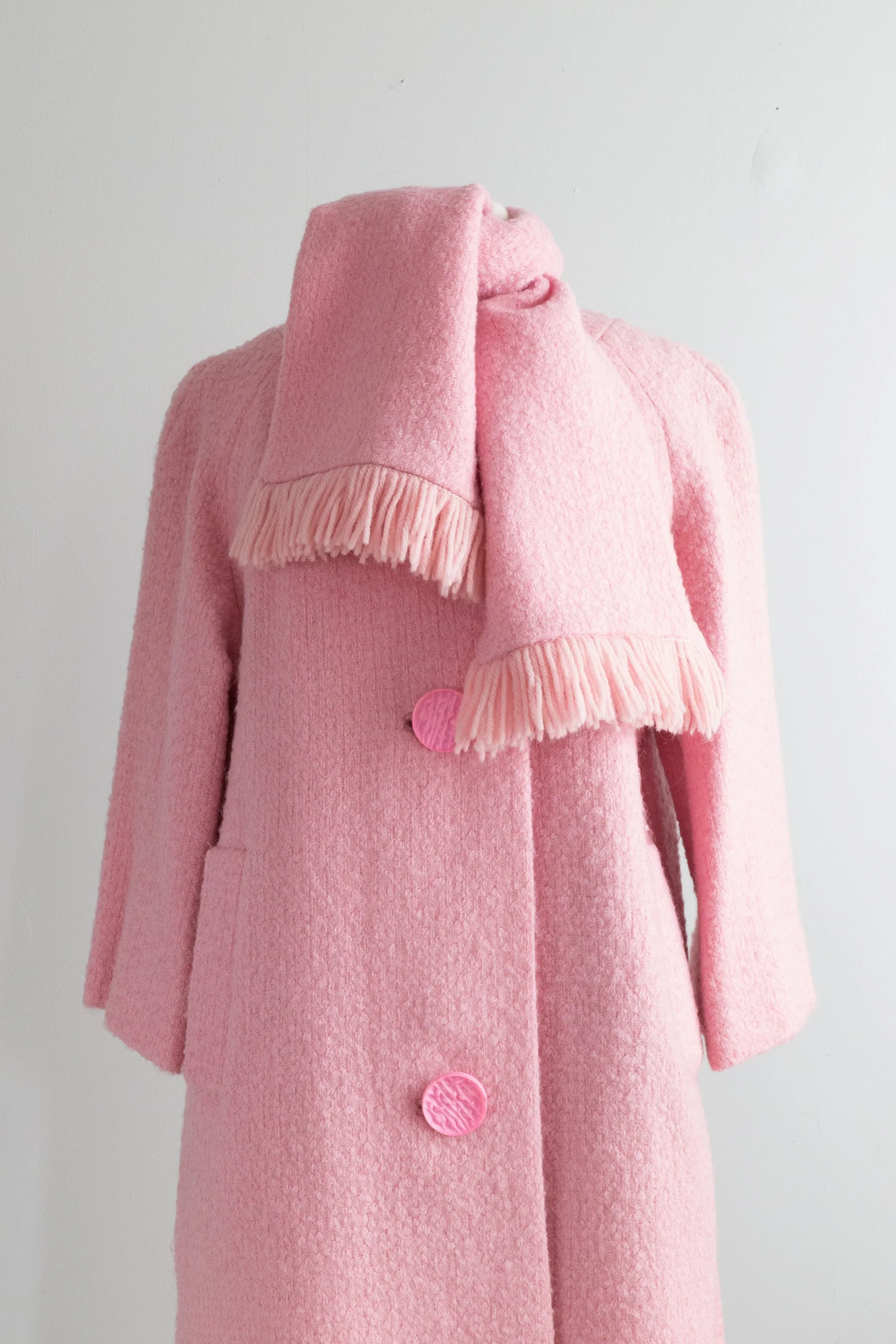 Fabulous 1960's Bubble Gum Pink Spring Coat With Scarf / Medium